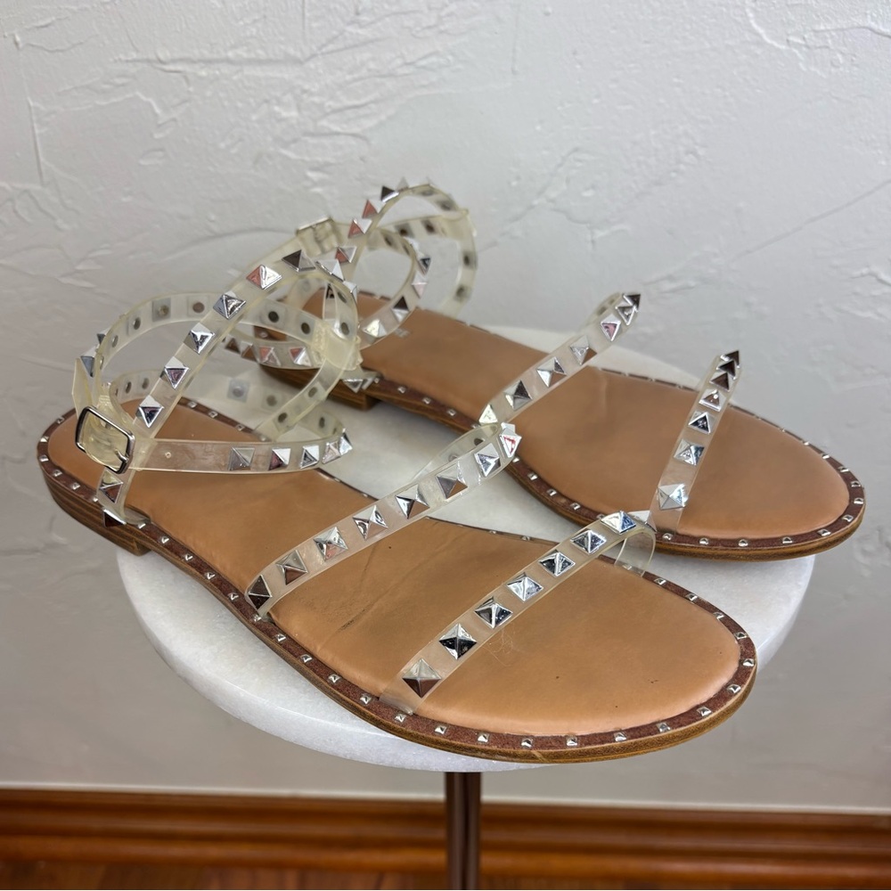 Cushionaire Womens Flat‎ Strappy Sandal Shoe Clear Sparkle Studded Ankle Wrap 9